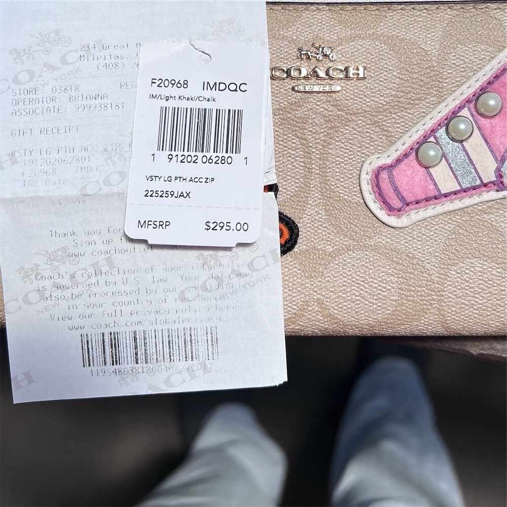 COACH Long Zip-Around Wallet Signature Canvas Khaki with Varsity Patches AUTHNTC - Picture 13 of 15